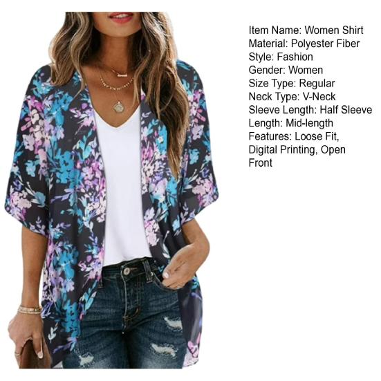 Женская шифоновая рубашка с V-образным вырезом и коротким рукавом с цифровым 3D-принтом, дышащий солнцезащитный кардиган, пальто с открытым передом, пальто средней длины