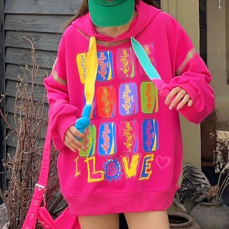 Женские весенние и осенние хлопковые трендовые граффити толстовки Y2k с капюшоном свитшот Топы Повседневные топы с длинным рукавом Оверсайз Верхняя одежда Уличная одежда