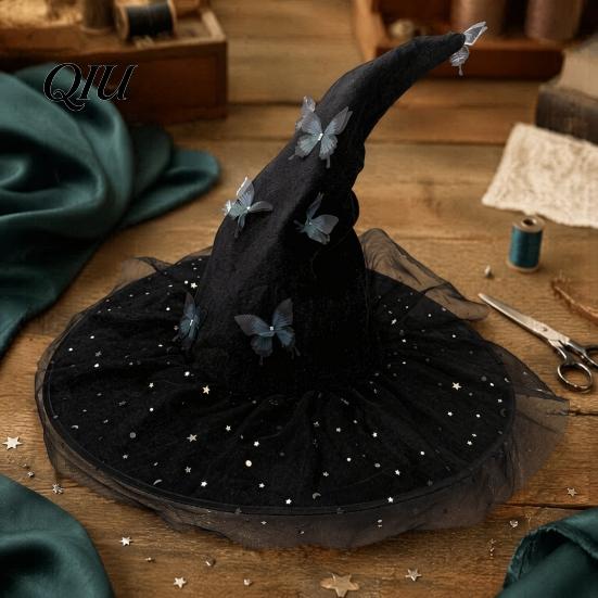 Witch Hat for Halloween Costume Women, Large Glitter Sequins Mesh Wizard Lightweight Polyester with Butterfly Accessory, Cosplay Black Hats Women