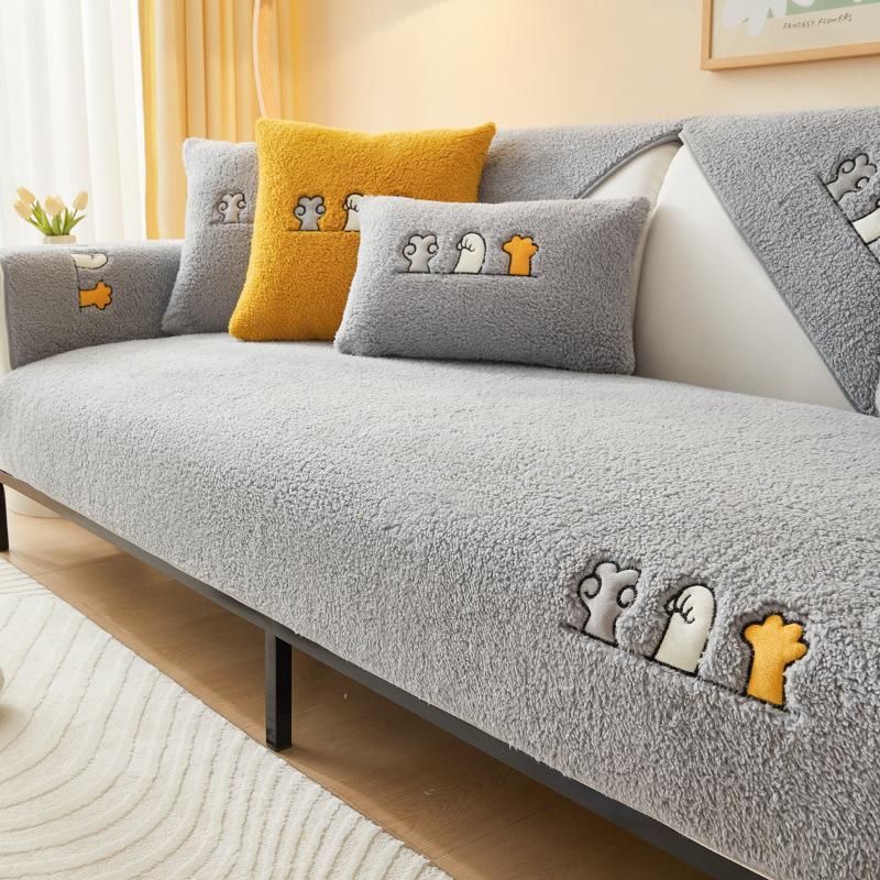 Embroidery Thickening Non-slip Sofa Cover Living Room Winter Warm Lambs Velvet Sofa Towel Nordic Sectional L-shaped Couch Covers