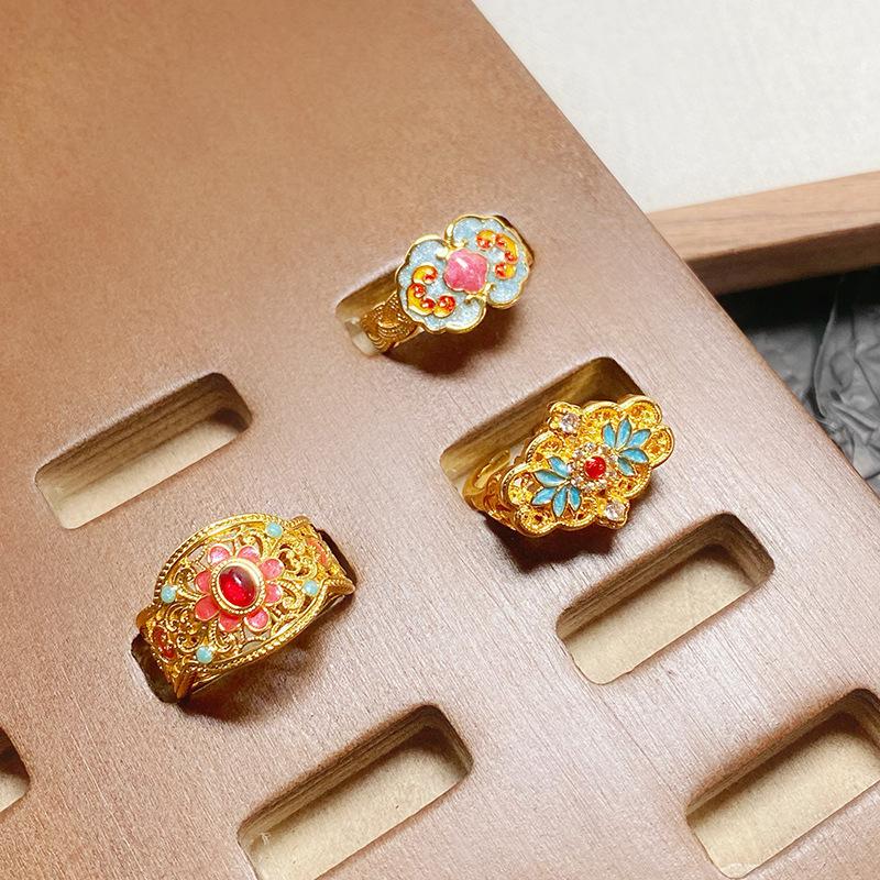 Flowering Color Medieval Enamel Open Ring Retro National Tide Pattern Personalized Heavy Industry Exquisite Niche Ring Woman