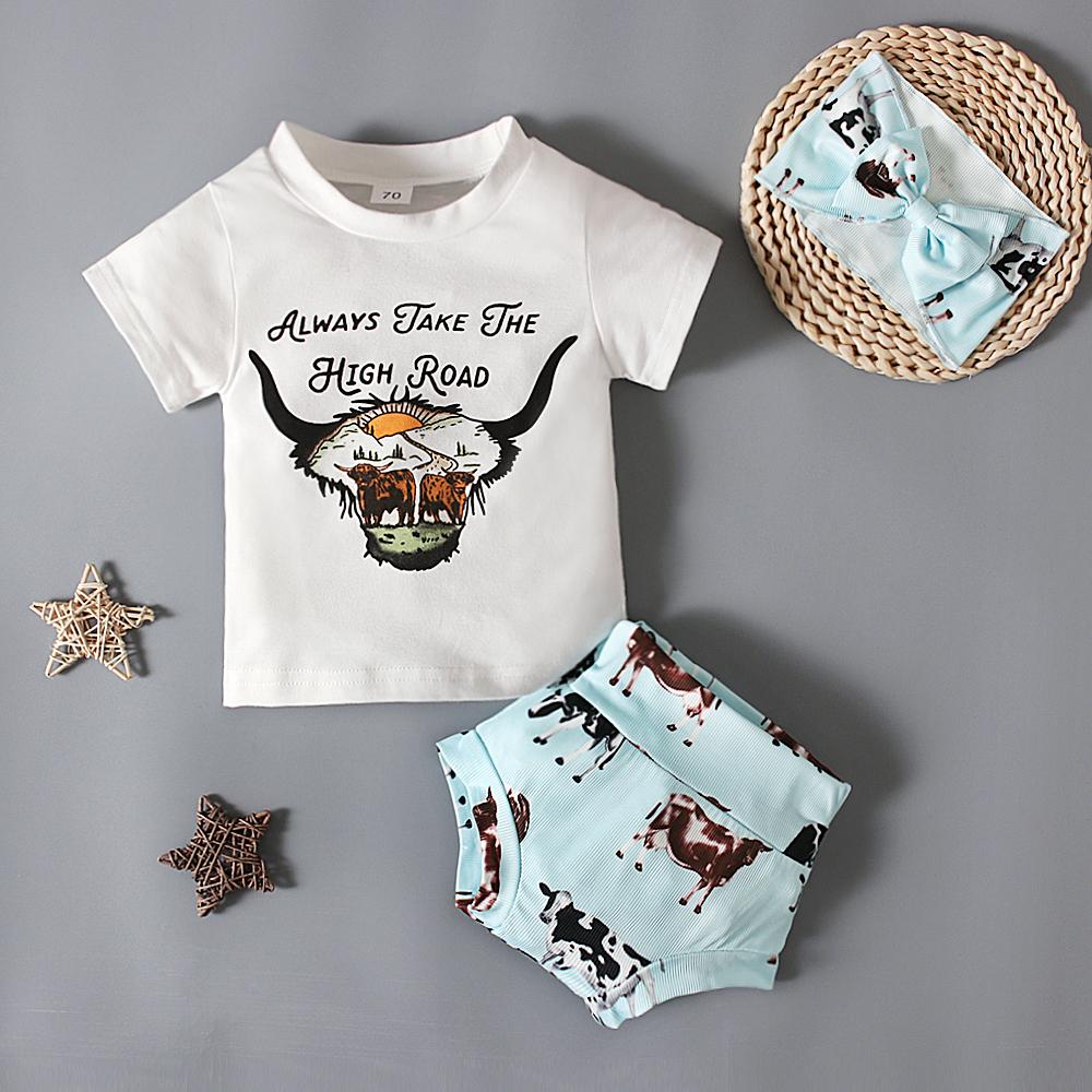 Летняя футболка с принтом животных для малышей + шорты + повязка на голову, комплект из 3 предметов, одежда для детей 0–3 лет