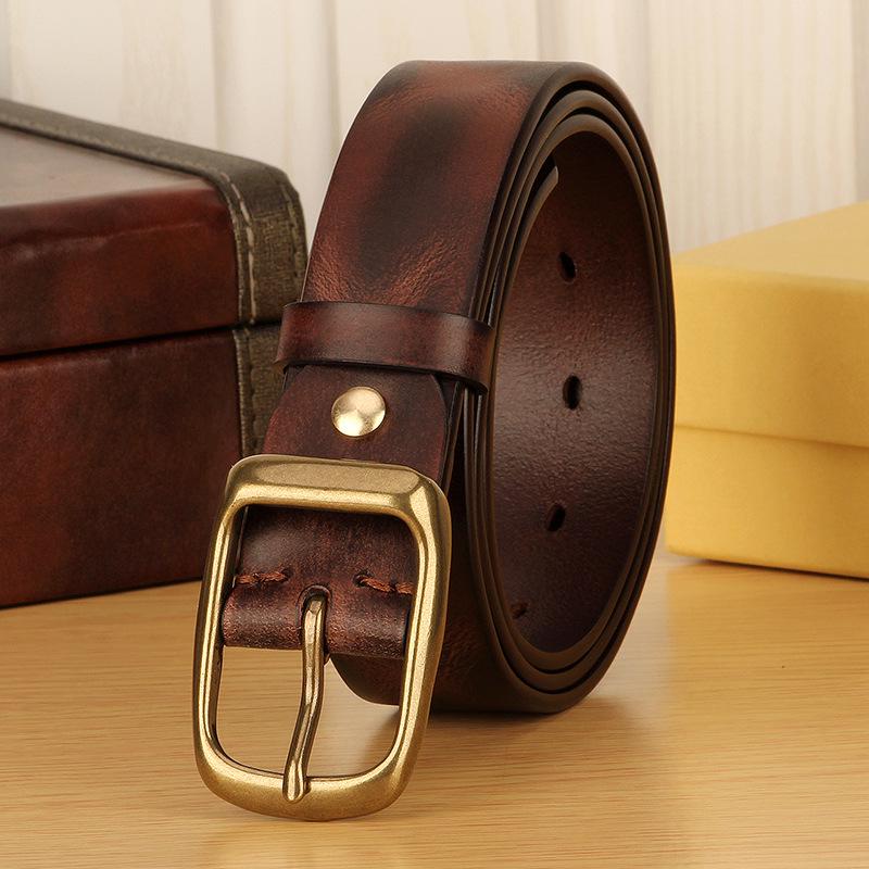 Men's Retro Copper Buckle Genuine Leather Belt - Simple Fashion Pin Style