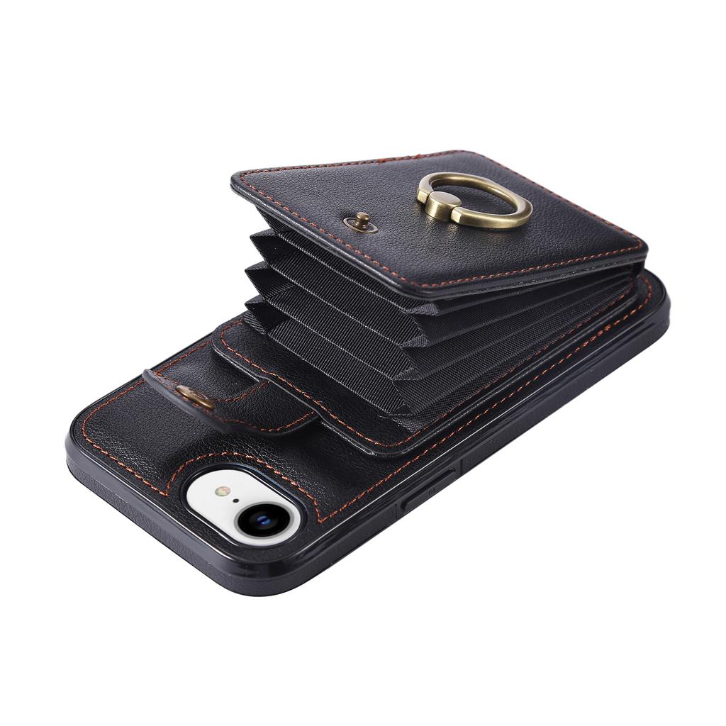 For iPhone 16e Case Card Holder Ring Kickstand TPU+PU Leather Phone Cover with Long Strap