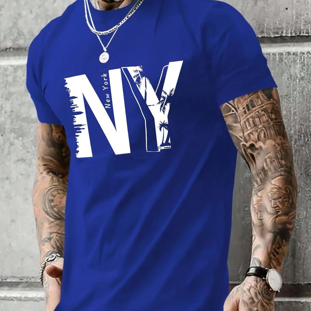 Summer Men's 100% Pure Cotton Casual Loose Plus Size NY Letter Printed Sports Comfortable Round Neck Short Sleeved T-shirt Top