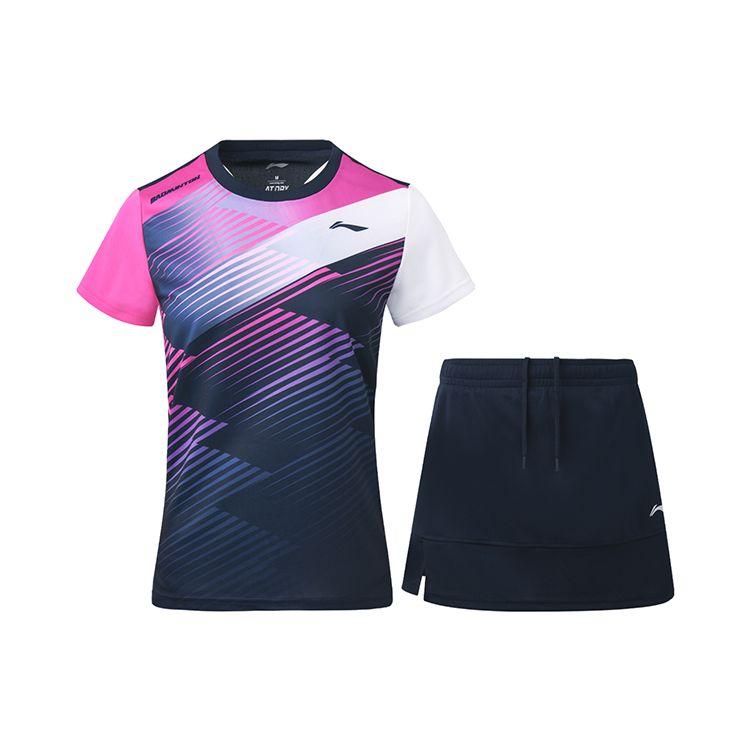 Li Ning Badminton Series Quick-Dry Training Competition Short Sleeve T-Shirt Skirt Set Summer Women Tops Deep-Navy-Blue AATS008-2