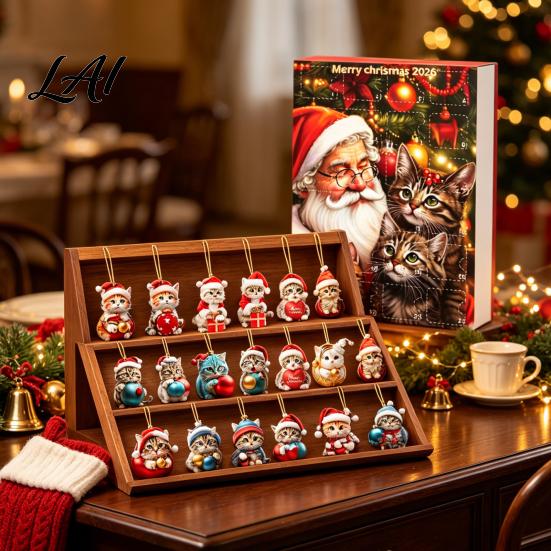 Christmas Tree Ornament Set Cat Advent Calendar 24 Days Countdown Cute 2D Kitten Holiday Car Rearview Mirror Decor Ornaments for Party Decor
