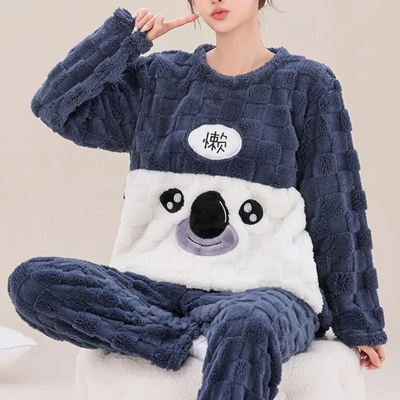 Winter Women Flannel Pajamas Polar Bear Print Teddy Sleepwear Velvet Loungewear Thick Warm Pijamas