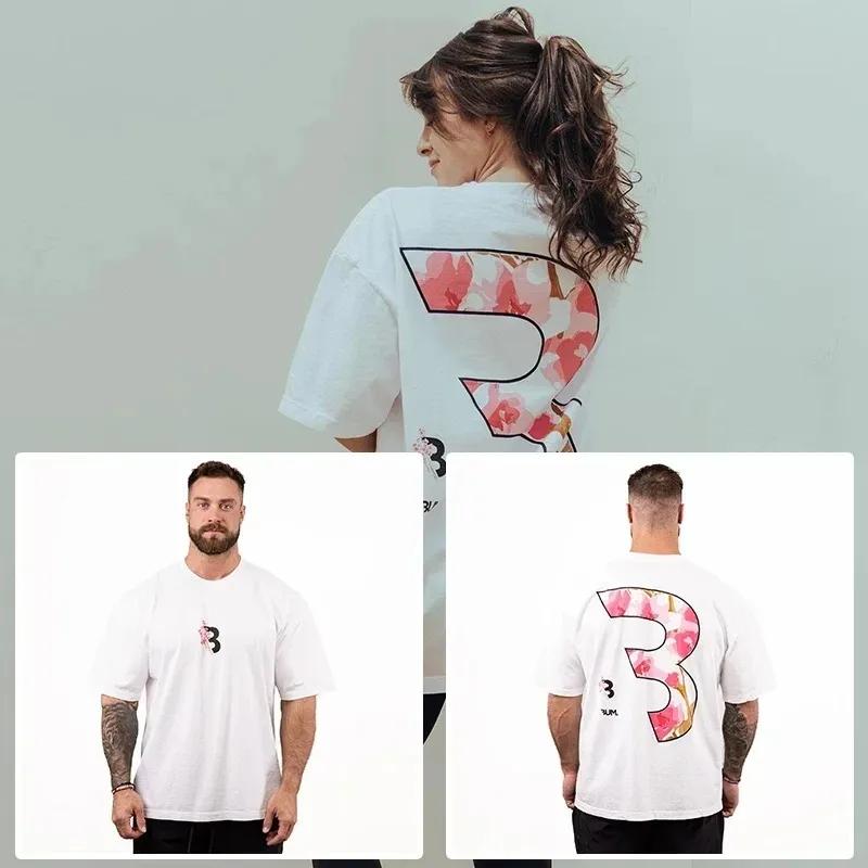 2024 Gym Fitness T-shirt Loose Oversized Cotton Men Short Sleeves Bodybuilding Sports Tees Summer Training Workout Jogging Tops