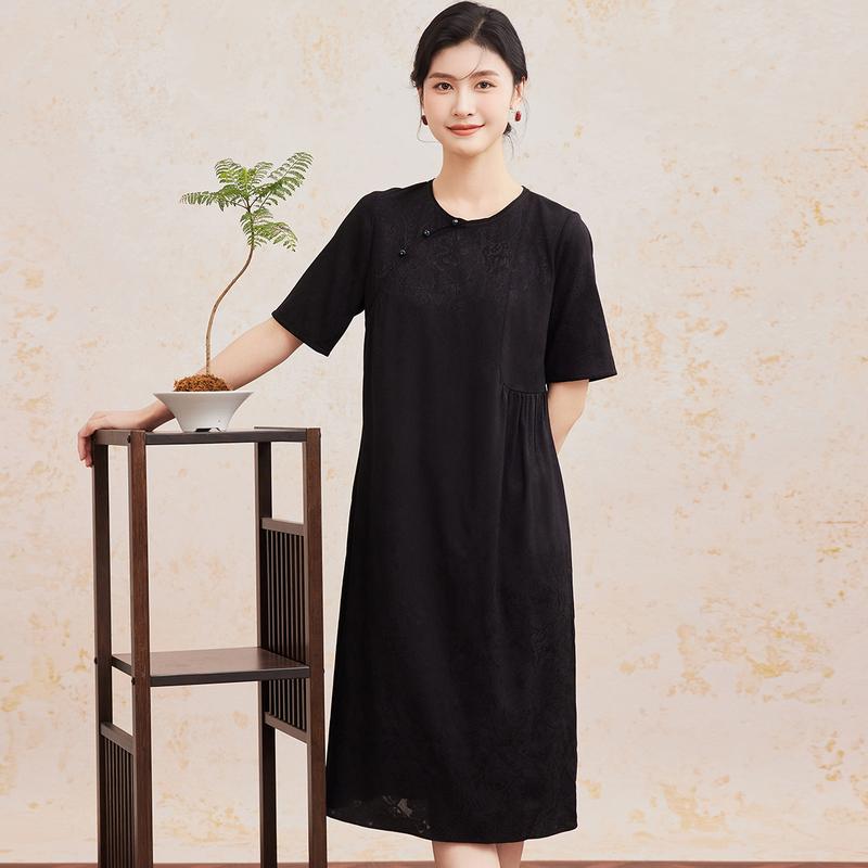 [New Chinese Irregular Design] Spring and Summer Versatile Solid Color Mulberry Silk Slanted Front placket Temperament Women's Dress