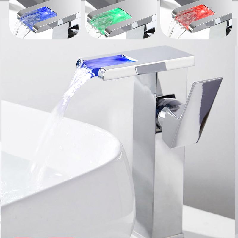 LED Luminous Faucet Waterfall Water Hot&Cold Temperature Control Discoloration Three-Color Color Changing Washbasin Bathroom Sink Mixer Tap