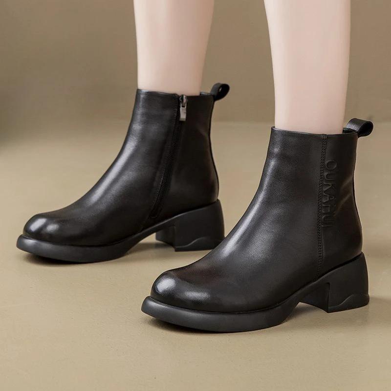 Женские зимние ботинки с круглым носком, элегантные, на среднем каблуке, женская обувь, ботильоны из искусственной кожи, весна 2024, тренд, предложение, осенняя обувь, слип-работа