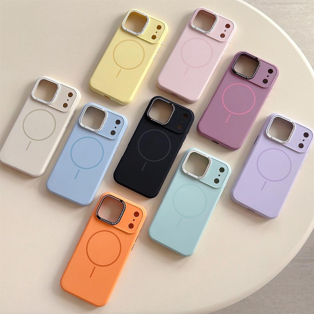 For iPhone 17 Pro Case Compatible with MagSafe Rhinestone Decor Lens Frame Silicone Phone Cover