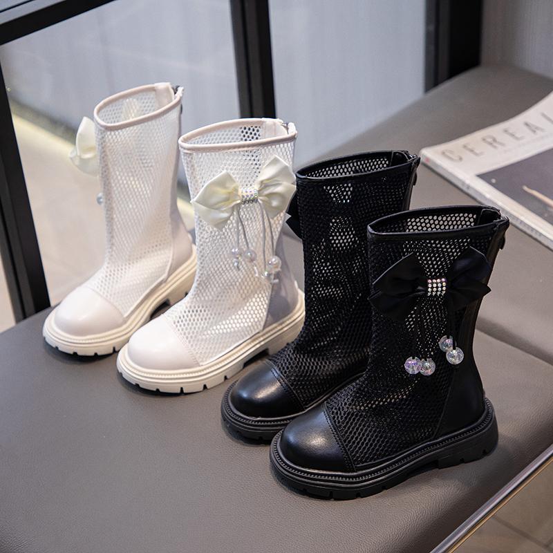 Летние сандалии для девочек, детские высокие сетчатые туфли с дышащими вырезами и подвеской в виде банта, милые детские гладиаторы для принцессы