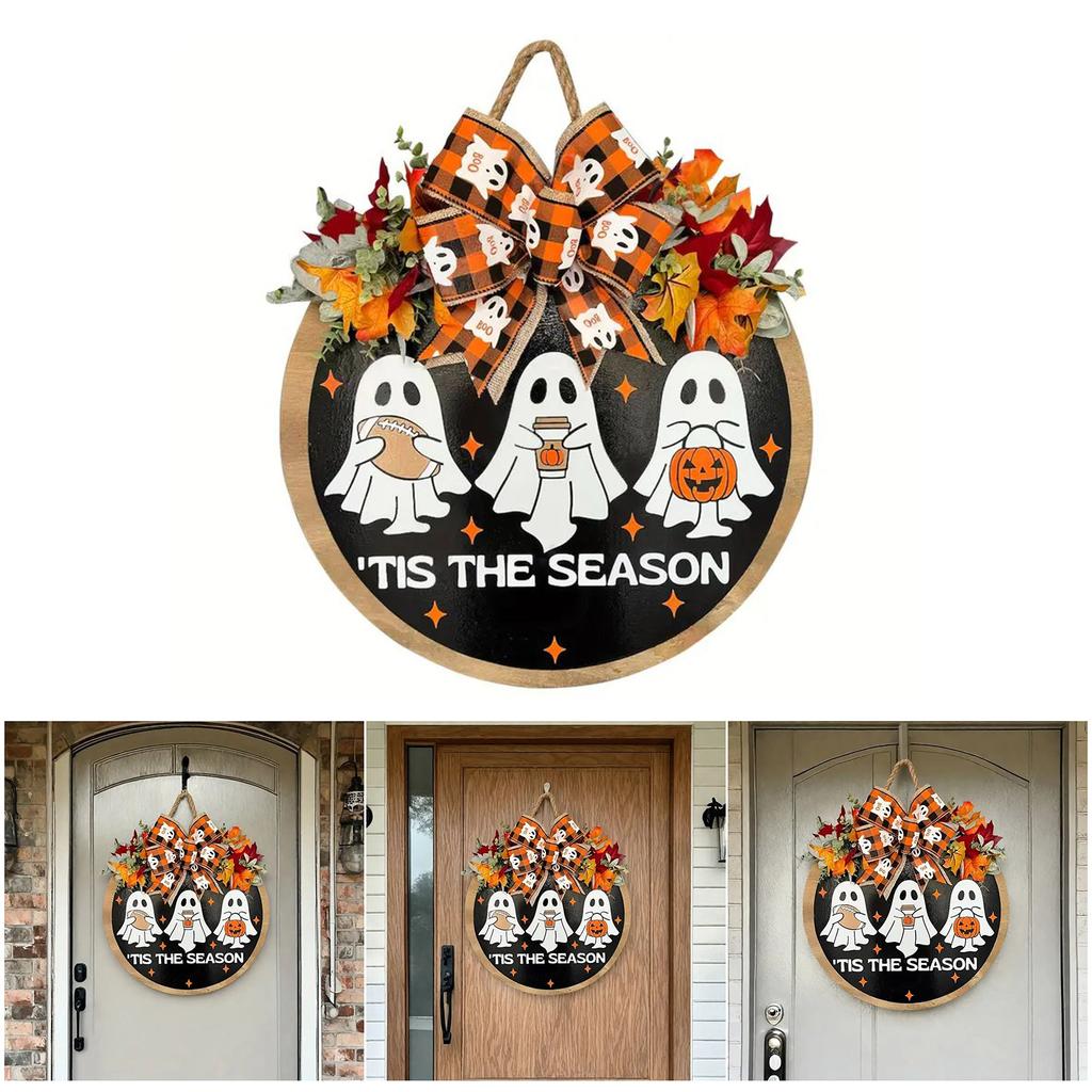 Unique Wood Fabric Crafted Halloween Ghost Wall Hanging Featuring Realistic Maple Leaves For Home Holiday Seasonal Decorations