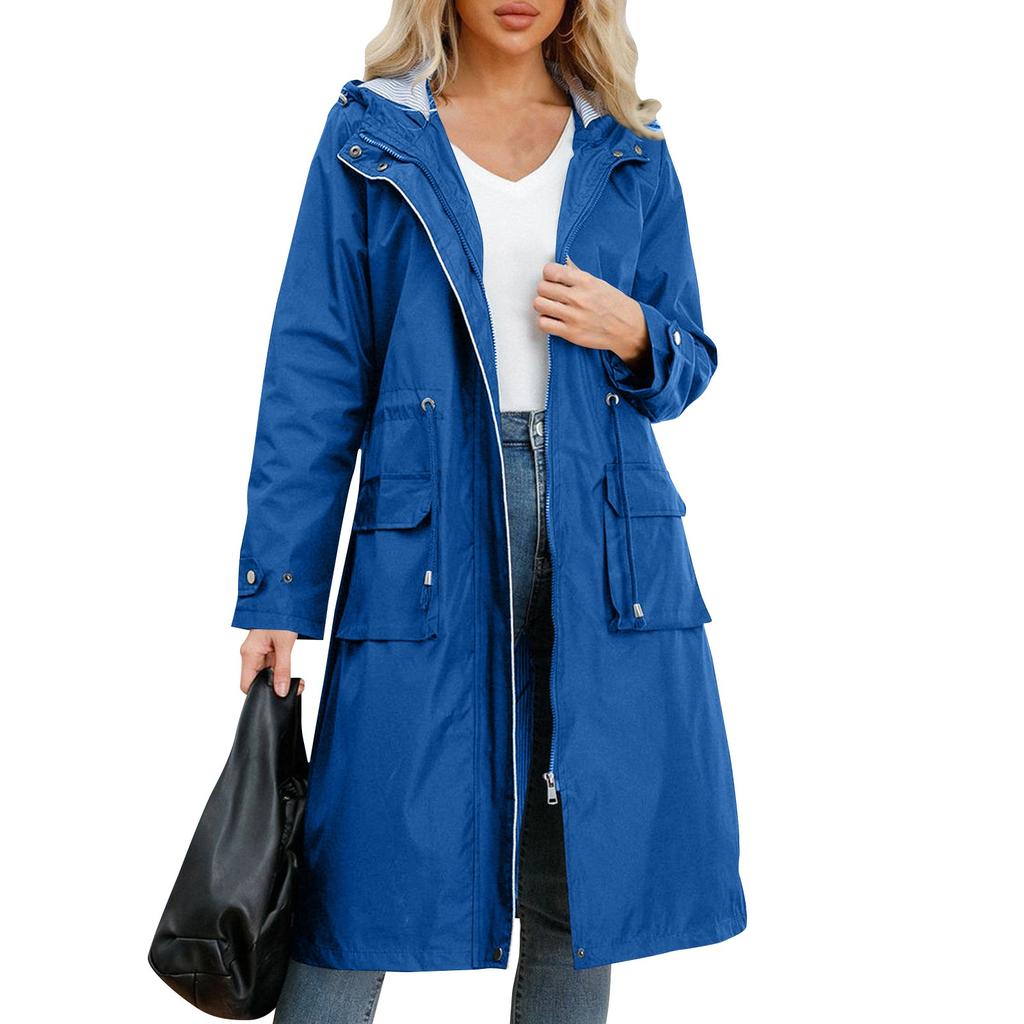 Women's Solid Colored Hooded Long Sleeved Trench Coat With Striped And Straight Tube Jacket
