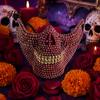Creative Party Costume Prop Halloween Skull Half Face Mask, Rhinestone Punk Knight Masquerade Comfortable Mask with Adjustable Straps, Lightweight