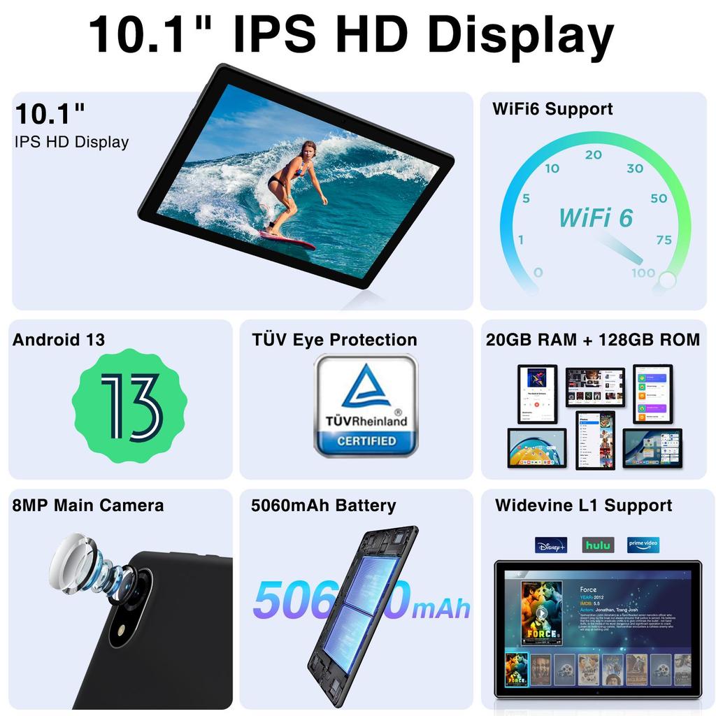 Doogee Планшет U10 Pro, 10 дюймов, 20 ГБ ОЗУ + 128 ГБ ПЗУ) Планшетный ПК Android 13, 5060 мАч, 8 МП+5 МП, Bluetooth 5.0/WiFi 6/Widevine L1/OTG