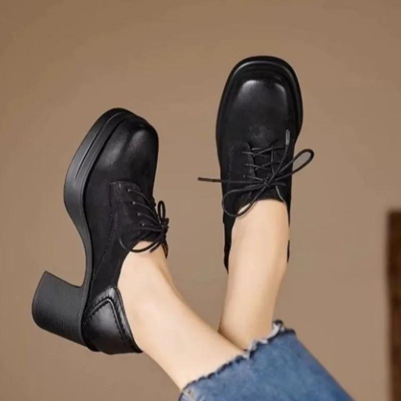 2024 Новая мода однотонные женские туфли с неглубоким носком и толстым каблуком, женские туфли с круглым носком, на шнуровке, удобные для ношения