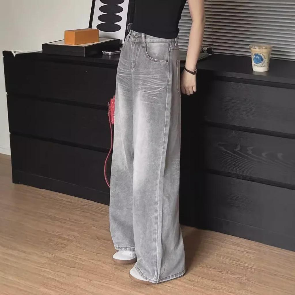 Женские серые джинсы с высокой талией и широкими штанинами 2024 года — новые свободные прямые брюки в стиле ретро-весны