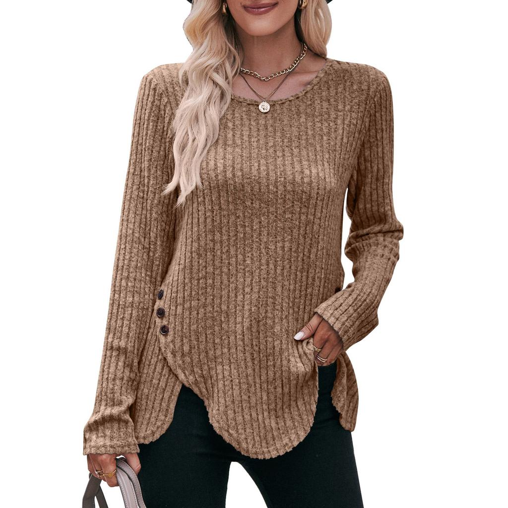 Autumn and Winter Women's Blouse Round Neck Pit Stripes Abrasion Solid Color Long Sleeve Tops