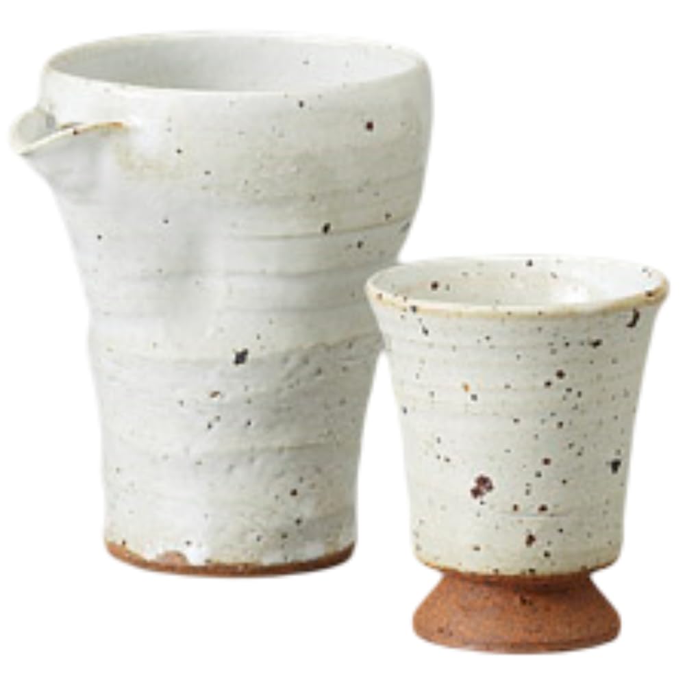 Sake Tokkuri and Ochoko Diameter 10 x 8 x Height Arakohiki Katakuchi Mino Suitable for Hot Cold and Japanese Sake Ale-net Set, (Cupcake) Set, 11cm,
