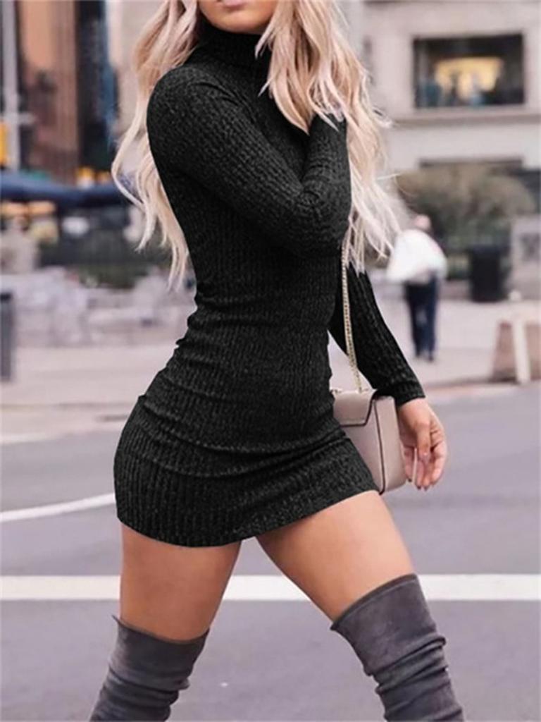 Зимнее женское платье-боди с высоким воротом и длинными рукавами, вязаное, сексуальное облегающее платье-свитер для женщин