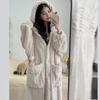 Women Hooded Robes Sleepwear Thickening Girls Kawaii Cute Homewear Winter Warm Bathrobe Casual Pockets Solid Fluffy Comfortable