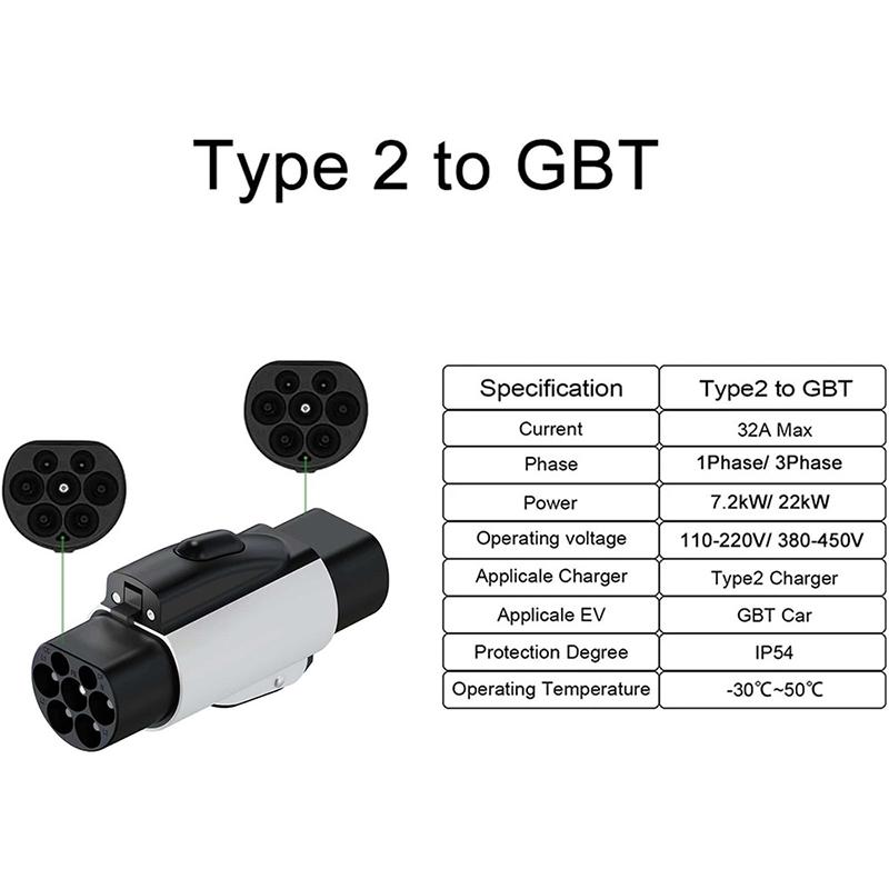 Type 2 to GBT Adapter 32A 7.2/22KW EV Charger Type2 to GBT China Standard Eletric Vehicle Converter For Chinese Car 1P/3P