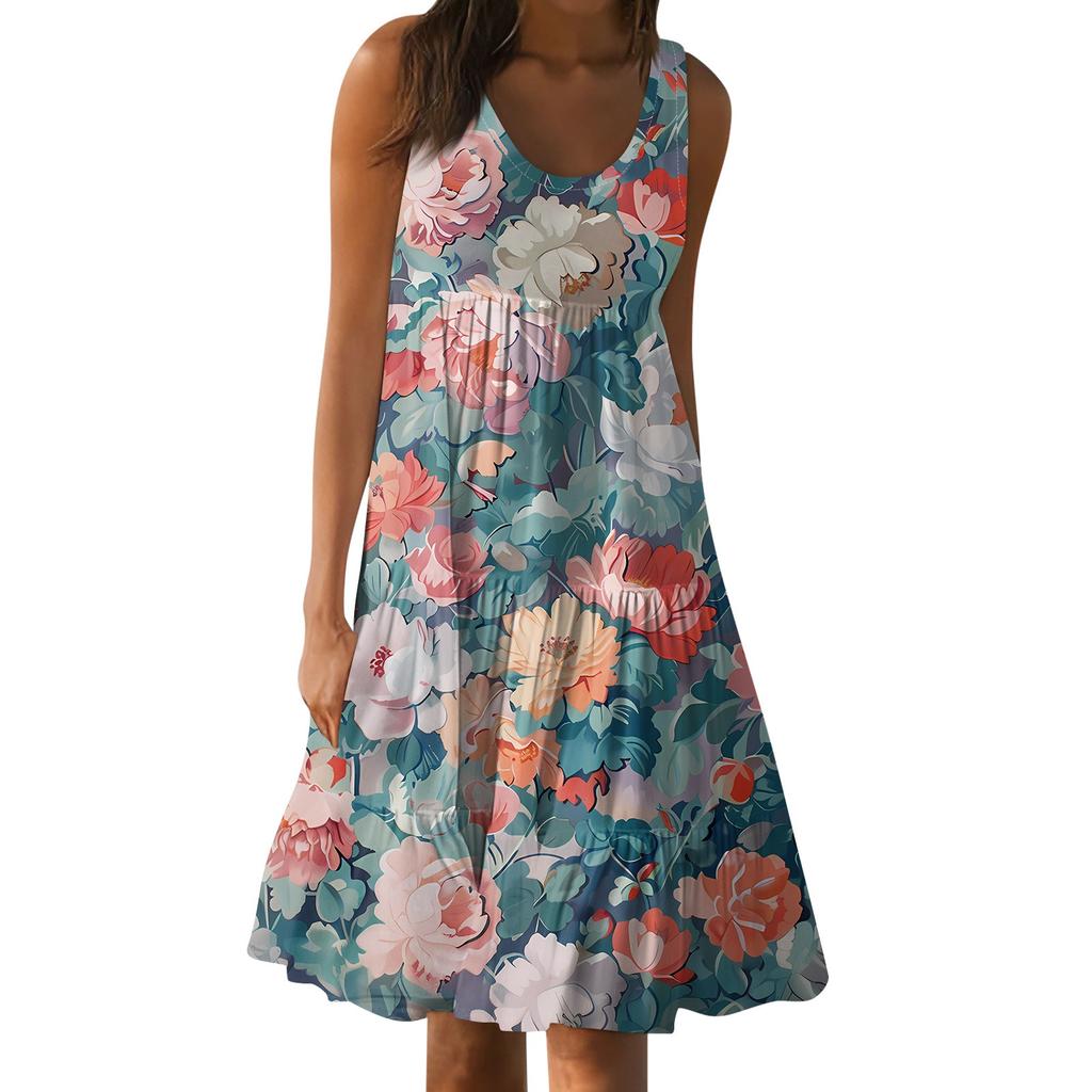 Hawaiian Dress For Women Summer Spring Pleated Bohemian Dresses Cute Sleeveless Flowing Beach Straight  Tank Dresses Round Neck Dresses