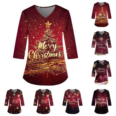 Женский свободный рабочий топ с V-образным вырезом и карманом, рождественским принтом и рукавом три четверти