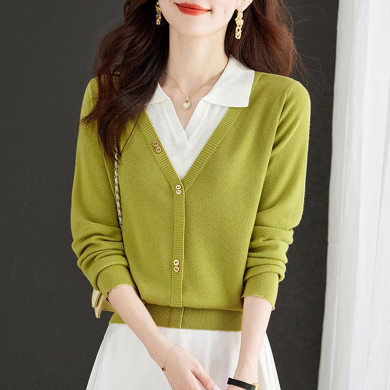 Поддельный свитер из двух частей с длинными рукавами, осенний наряд для мам, трикотажный свитер с воротником-поло, женский свитер с лацканами, базовая рубашка