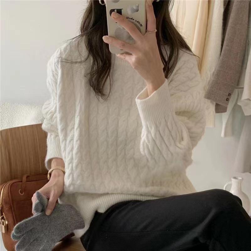 1011 autumn new retro lazy wind sweet temperament twist pullover women's casual loose knitted sweater