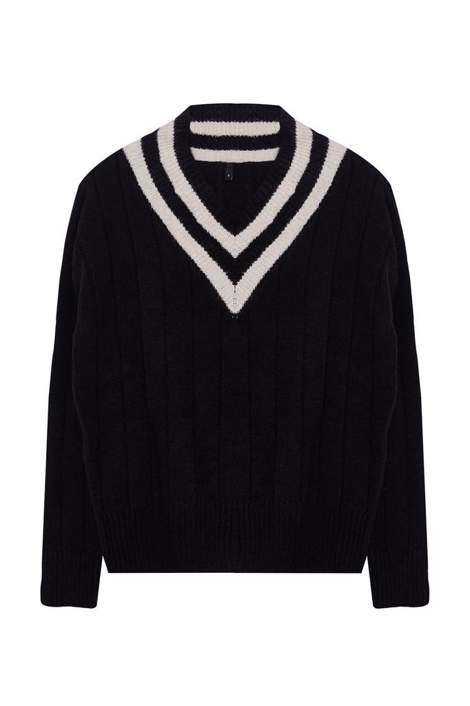 Women's Elegance Style Sweater Stone Soft Textured V-Neck Color Blocked Knitwear Sweater