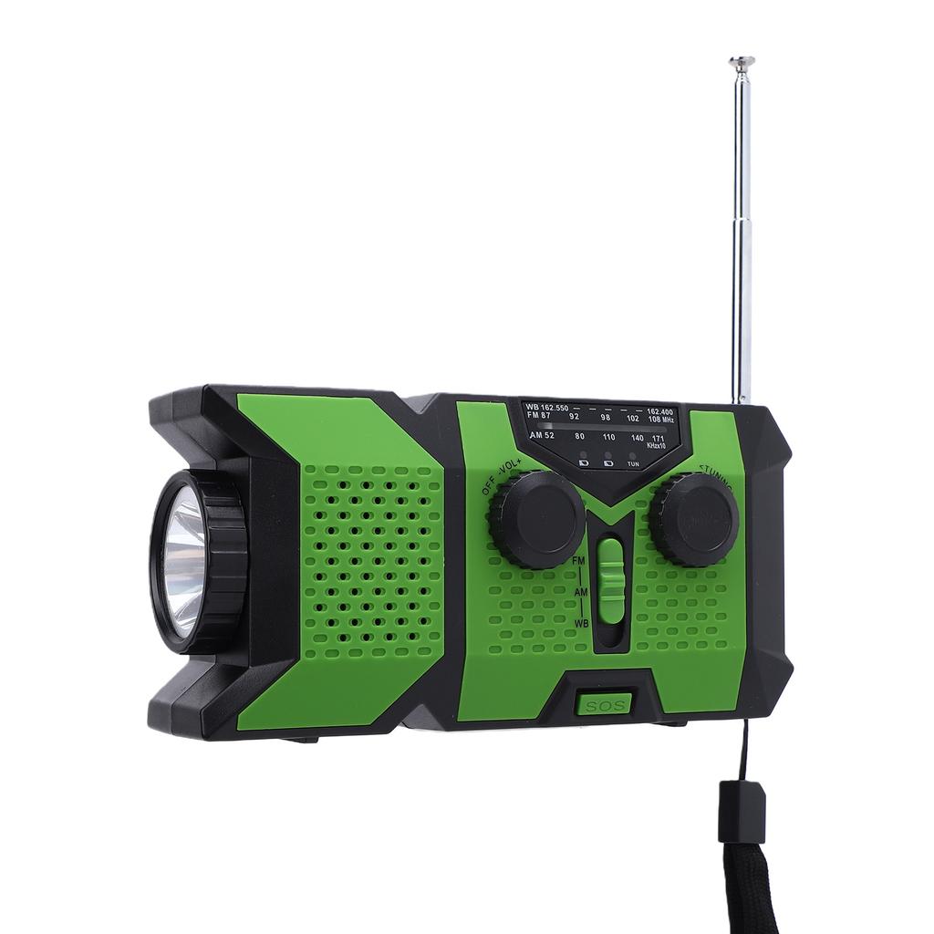 AM FM WB Radio Hand Crank Solar Battery Operated Portable Radio with Weather SOS Alert LED Flashlight for Camping Emergency Green