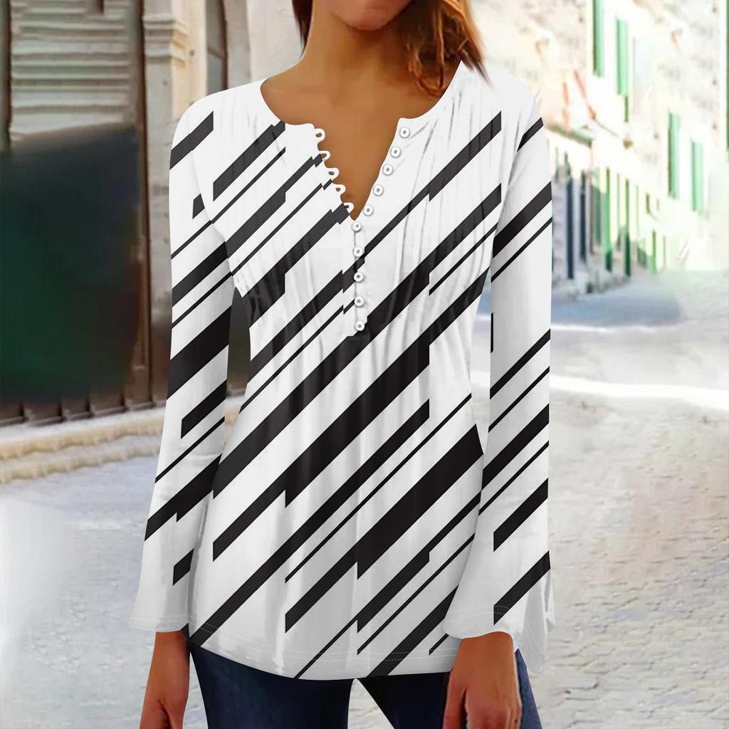 Женская плиссированная футболка на пуговицах с v-образным вырезом и длинными рукавами с цветочным принтом, топы