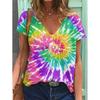 Summer Colorful Tie Dye 3D Print T-Shirts Women's Plus Size T Shirt Streetwear Y2K Top Casual V Neck Woman Clothing Ladies Tees