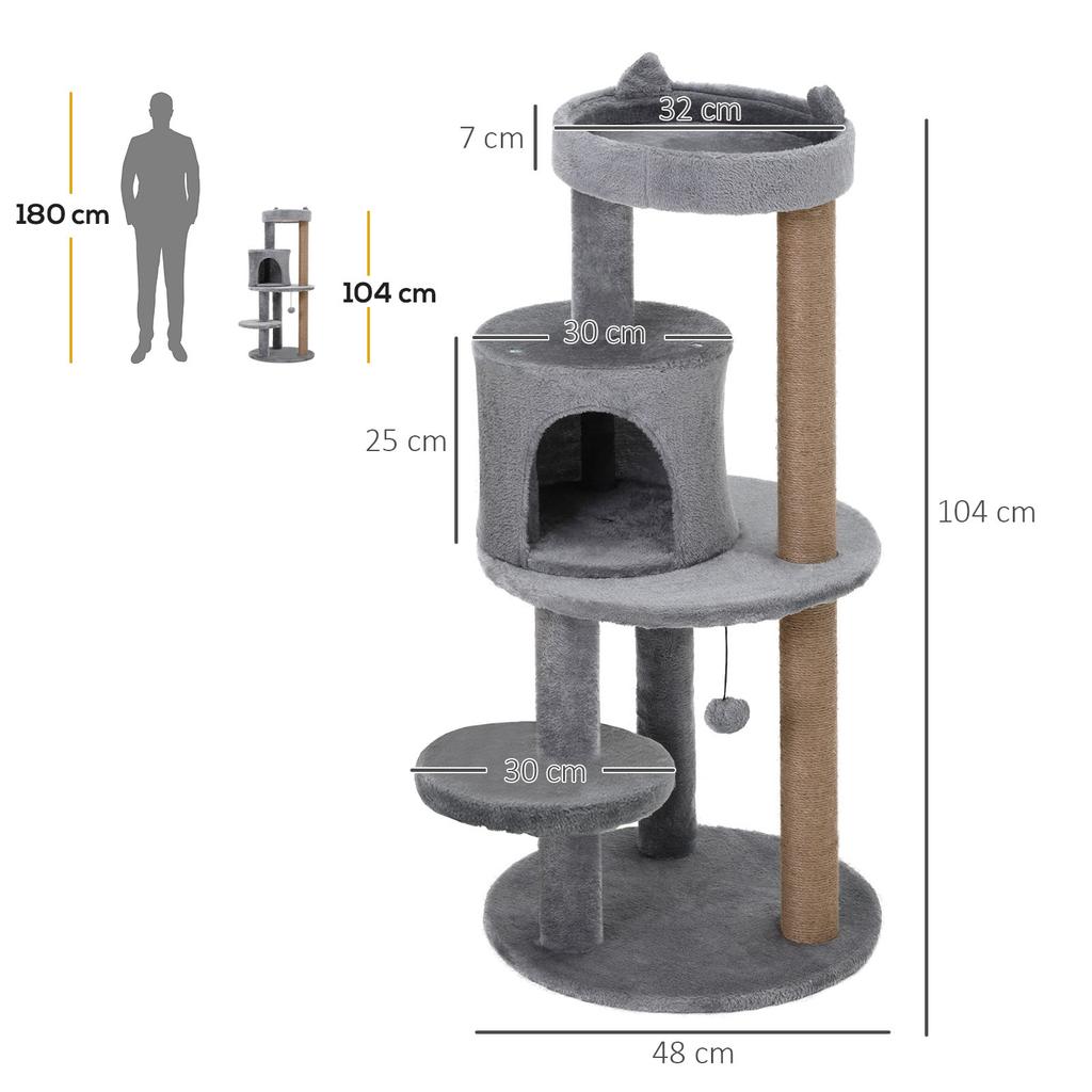 Cat Tree 104 cm Cat Tree with Cat Cave, Play Balls, Scratching Board Cat Scratching Tree with Sisal Scratching Posts, for Cats up to 4.5 kg, Grey
