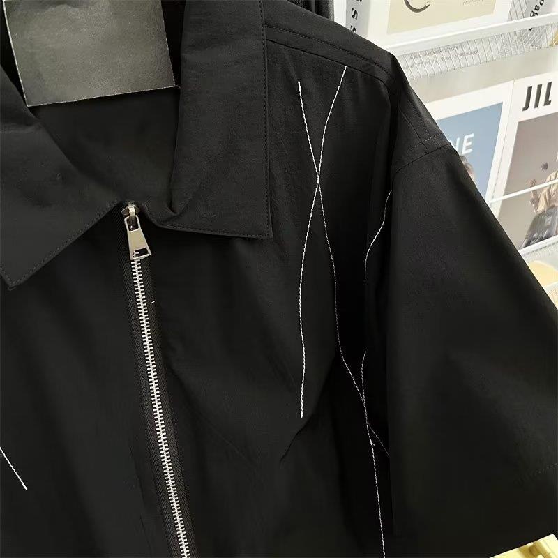 2023 Мужская модная черная рубашка в японском стиле с пятиточечным рукавом и молнией