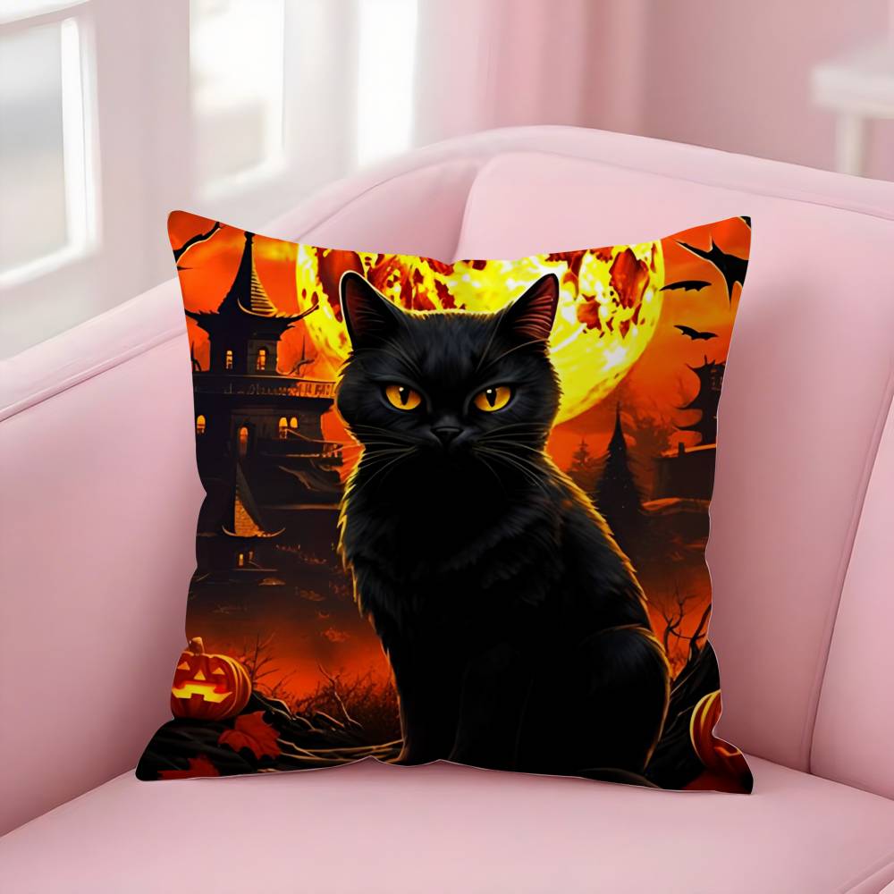 Cute Halloween Kitten Spooky Pillow Case Short Plush Double-Sided Print Square Throw Pillow Covers Sofa Home Cushion Decor