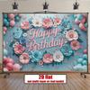 2D Happy Birthday Photography Backdrop, Light Blue Background with Pink Flowers and Butterflies