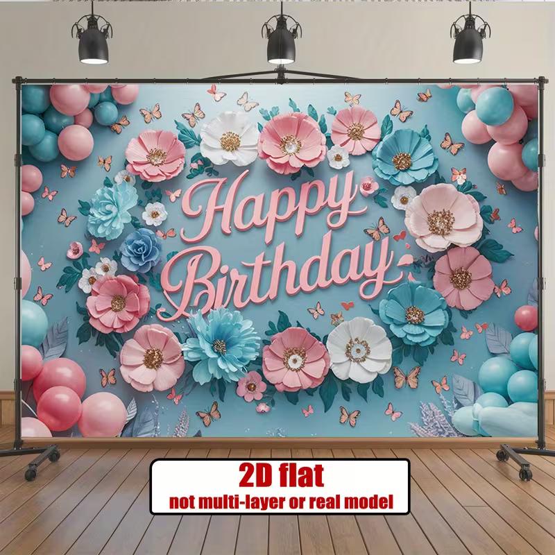 2D Happy Birthday Photography Backdrop, Light Blue Background with Pink Flowers and Butterflies