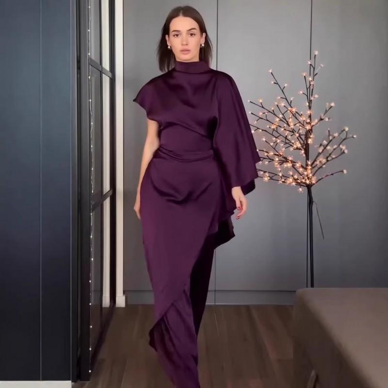 2026 Womens Elegant Slim Fit Satin Two-Piece Set Off Shoulder Top Long Pants Outfit