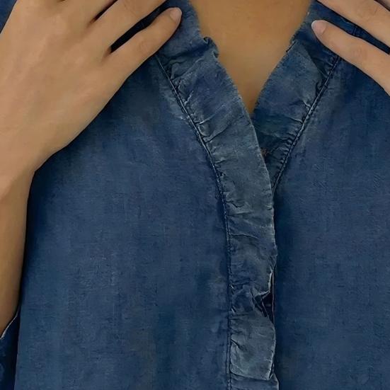 Женские Топы с V-образным вырезом, 3/4 Рукава, с Отделкой Воланами, Свободного Кроя, Однотонные, Повседневные, Рубашки под Джинсу, Для Повседневной Носки