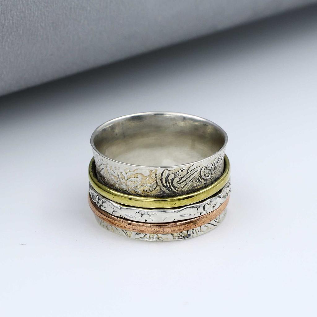 Black Onyx Gemstone Ring, Three Tone Ring, Spinner Band, Bohemian Ring, Silver Jewelry, Labor Day Sale, 925 Sterling Silver