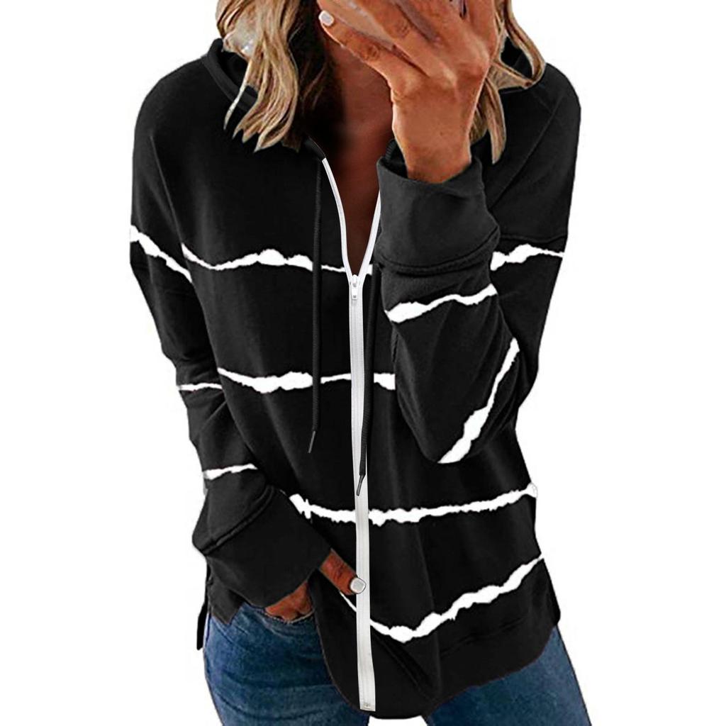 Womens Hoodie Striped Full Zip Long Sleeve Lightweight Sweatshirts Jacket Coat