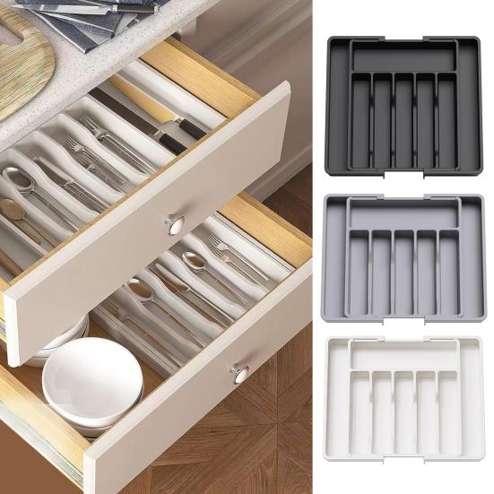 Dinnerware Storage Box Retractable Classification Organization Large Capacity Tableware Tray Cosmetic Jewelry Stationery Drawer