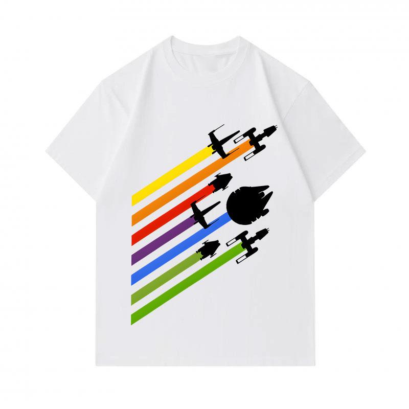 Men's 100% Cotton Crew Neck Short Sleeve T-Shirt, Retro Rainbow Space Starfighter Print Casual Comfortable Daily Wear Tee for Sci-Fi Lovers