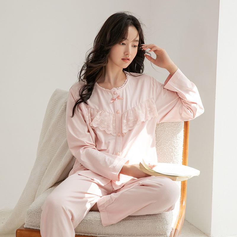 Fentenggan [anti-static 100% pure cotton] autumn lace round neck cardigan long sleeved pajamas women's home clothes