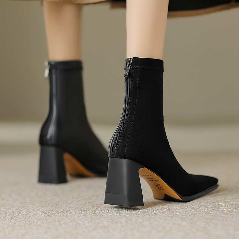 Krazing Pot Зимние ботинки из флока из микрофибры с квадратным носком, эластичные ботинки без шнуровки на высоком толстом каблуке, женские ботильоны